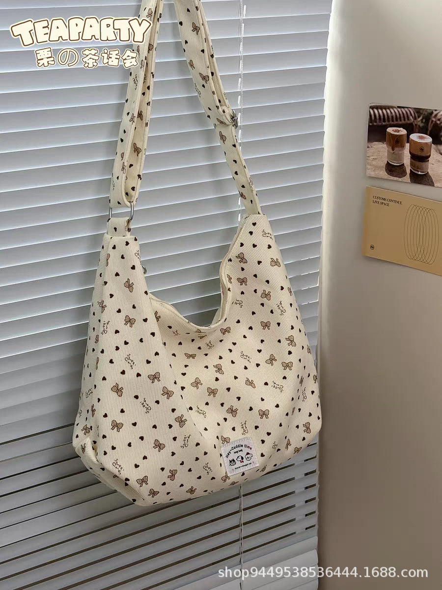 Cute Bow Print Corduroy Tote Bag with Zipper Closure and Hello Kitty Charm for Daily Commute