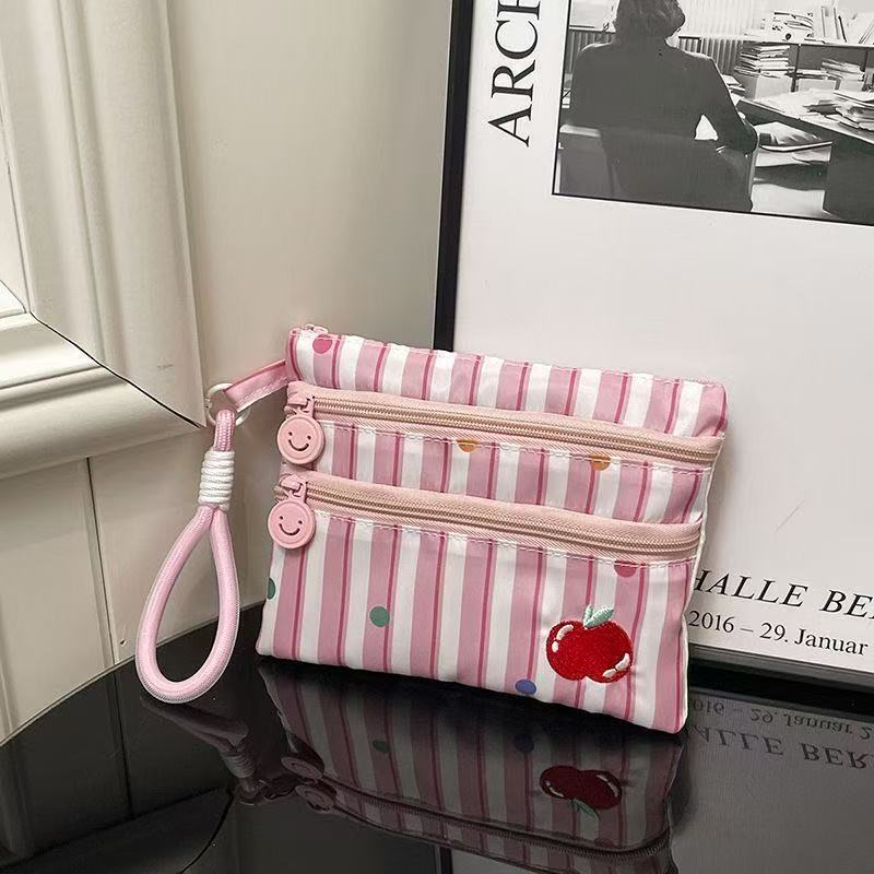 Cute Travel Wallet with Three Zipper Compartments for Passport and Cards, Embroidered Design, Portable Coin Purse