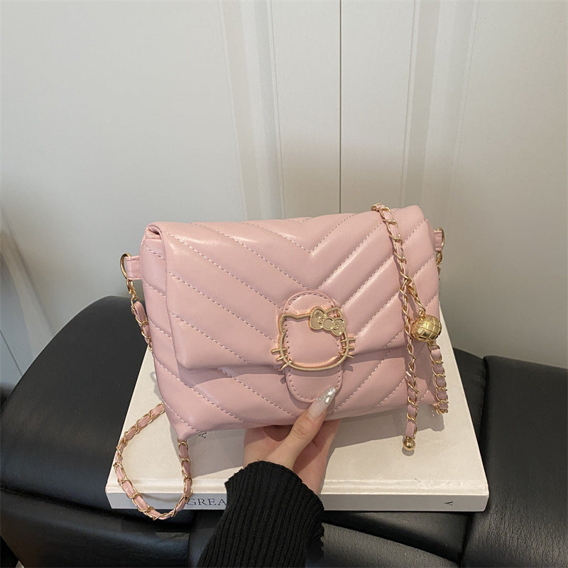 Chic Quilted Crossbody Bag with Hello Kitty Charm, Fashionable Chain Strap for Daily Style