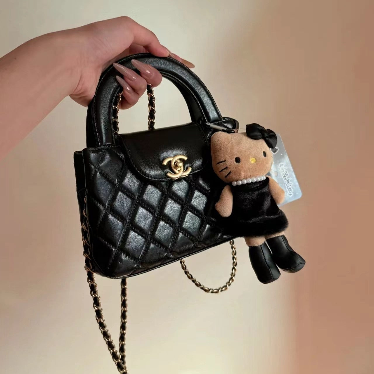 Black Leather Long Leg Bag Small Pendant Hellokitty Schoolbag Hanging Ornaments Doll Plush Girl