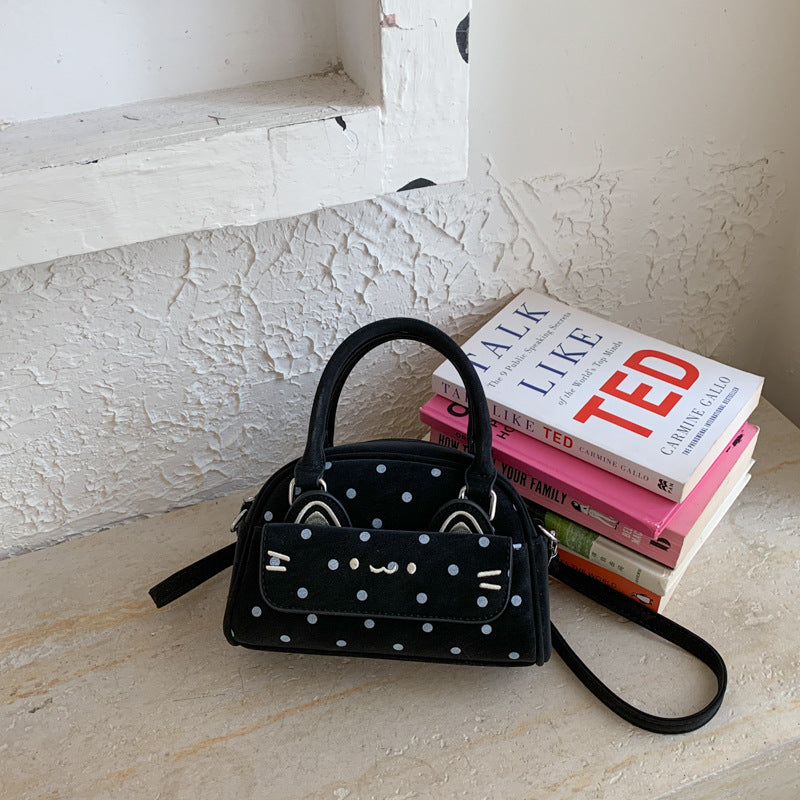 Cute Polka Dot Boston Bag with Embroidered Ears and Charm Pendant, Fashionable Crossbody Handbag for Women