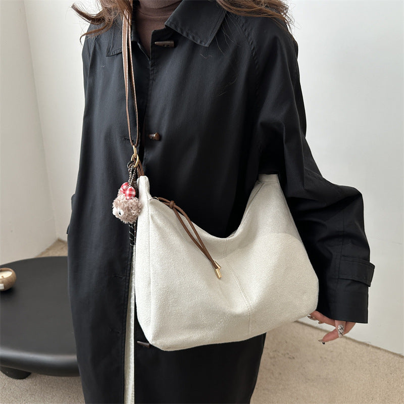 Vintage Tote Bag for Women, Large Capacity Shoulder Crossbody Bag with Cute Plush Charm, Elegant Commute Style