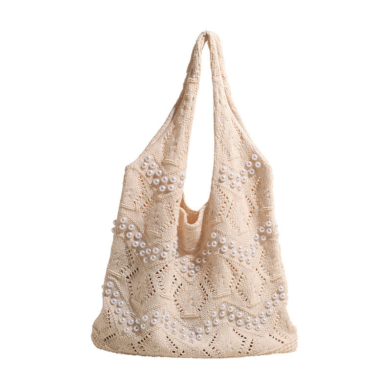 Casual Simple Knitted Bag Women's New Large Capacity Commuter Shoulder Fashion Pearl Tote Bag