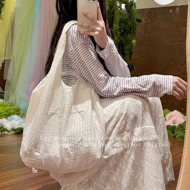 Chic Korean-Style Tote Bag with Bow Detail, Soft Cotton-Like Fabric, Perfect for Casual Travel and Everyday Use