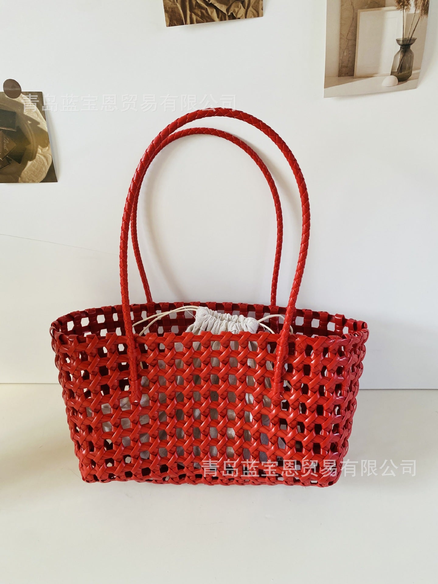 Handbag Weaving Hollow Vegetable Basket Bag PVC Commuter Tote Straw Bag