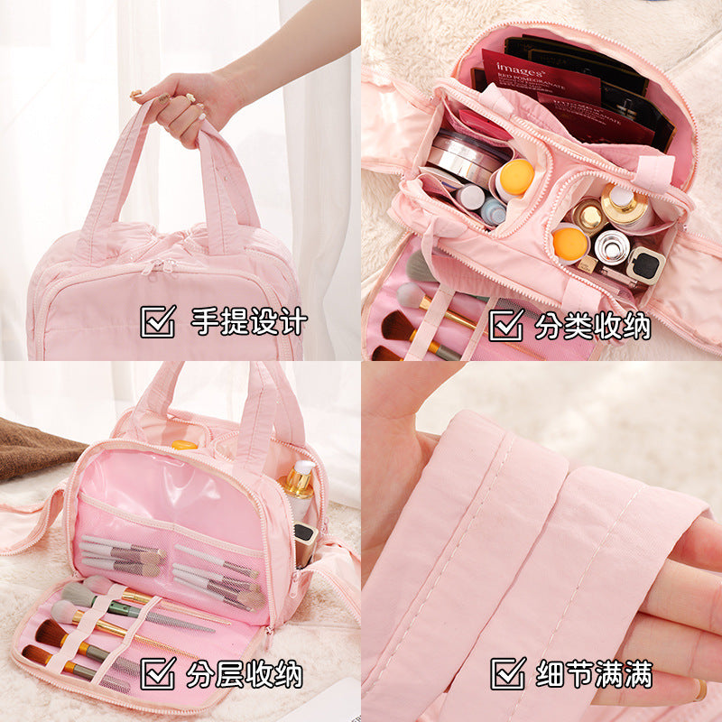 Double Wide Open Large Capacity Fluffy Cosmetic Bag Women's High-End Travel Portable Toiletry Bag Fresh Sweet Style