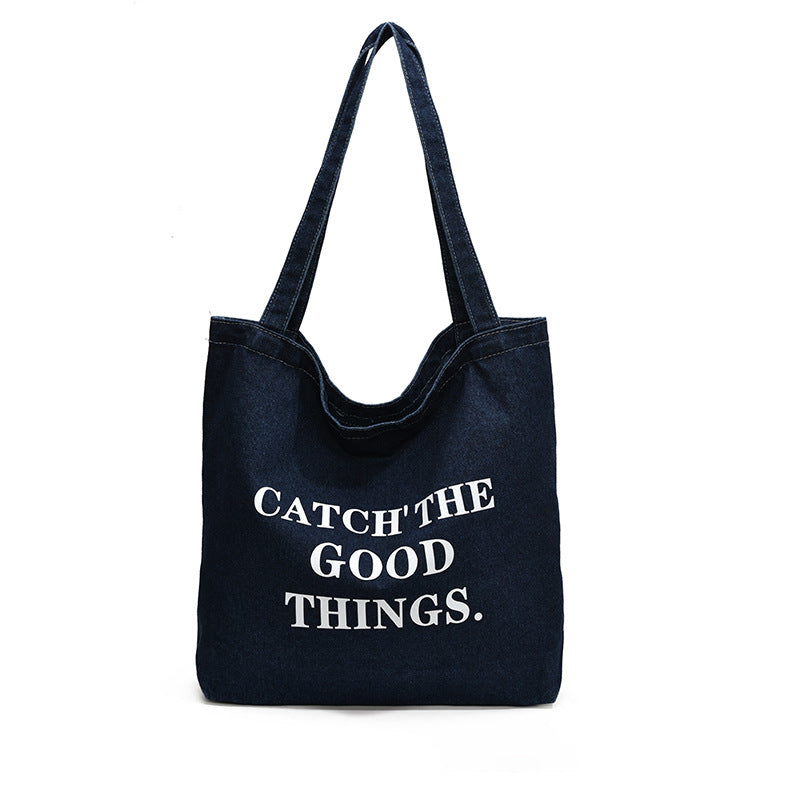 Stylish Denim Tote Bag with Inspirational Quote - Large Capacity Shoulder Bag for Daily Use and Shopping
