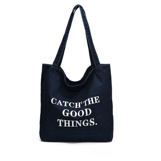 Stylish Denim Tote Bag with Inspirational Quote - Large Capacity Shoulder Bag for Daily Use and Shopping