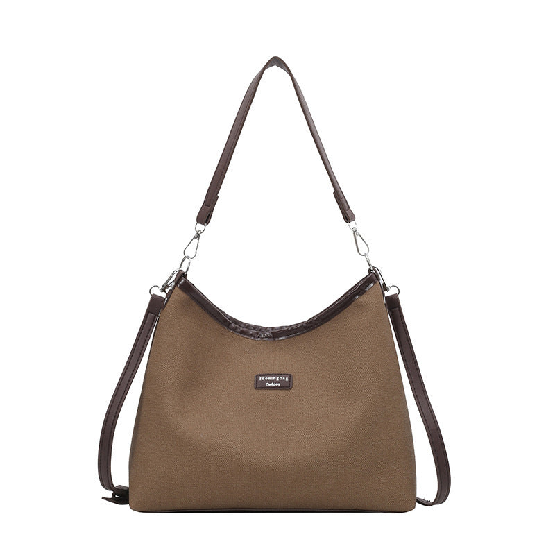 Chic Color-Blocking Canvas Shoulder Bag with Beaded Charm for Women, 2025 Summer Trendy Casual Tote