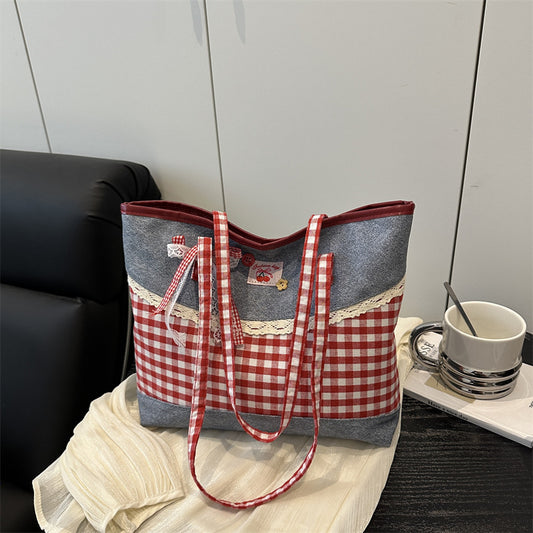 2025 New Korean Style Lace Checkered Tote Bag for Women, Casual Everyday Shoulder Bag with Large Capacity and Fashionable Design