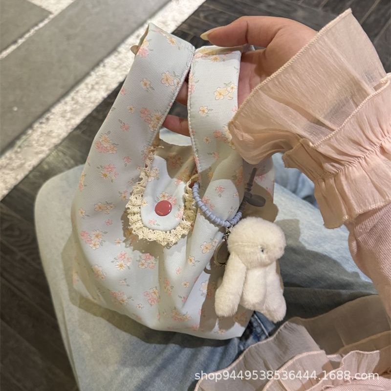 New Floral Canvas Bag for Female Students Simple Large Capacity Work All-Match Lightweight Lunch Box Bento Handbag