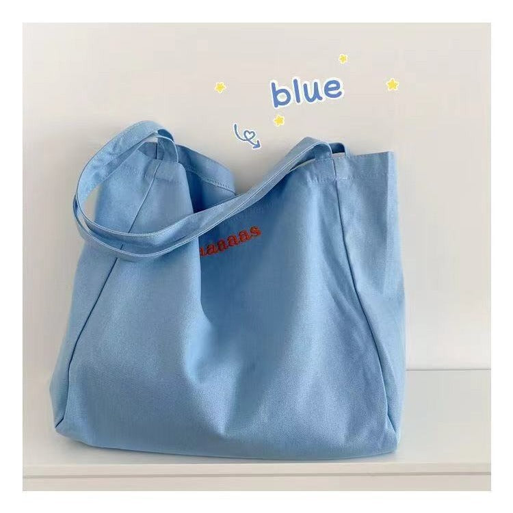 Cute Candy Color Canvas Tote Bag with Letter Print and Fluffy Charm for Daily Use and School