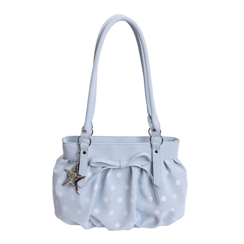 Korean Style Large Capacity Pleated Tote Bag with Polka Dot Print for Women, Casual Shoulder Bag for Daily Use