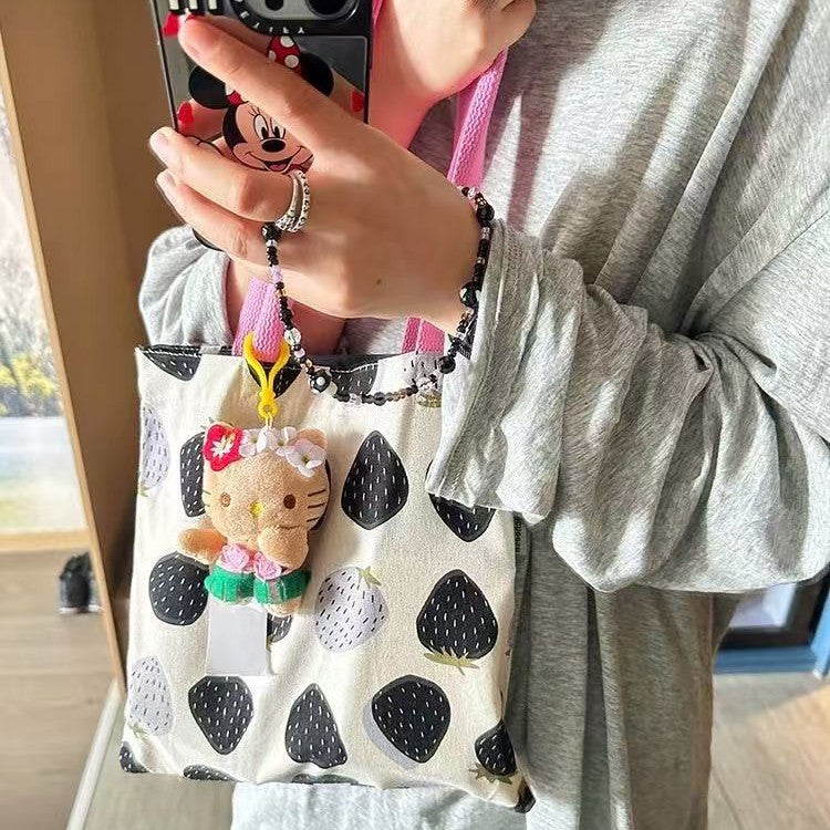 New Strawberry Printed Canvas Tote Bag Female Large Capacity Student Versatile Ins Style Commuter Shoulder Handbag