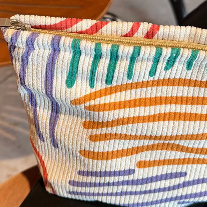 Ladies Cosmetic Bag Fashion Corduroy Contrast Color Striped Make-up Bag Cosmetic Bag Portable Travel Daily Storage Toiletry Bag