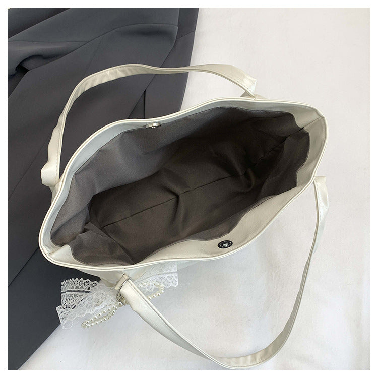 Elegant PU Tote Bag with Lace Detailing and Magnetic Closure for Daily Commute