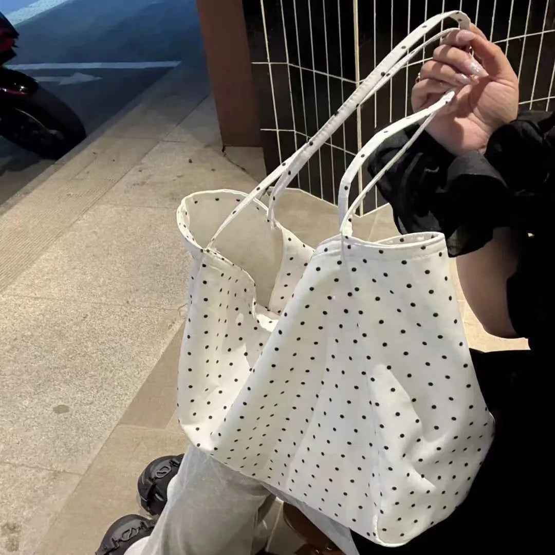 Chic Polka Dot Canvas Tote Bag for Women, Large Capacity Casual Shoulder Bag with Fashionable Design, Perfect for Daily Use and School