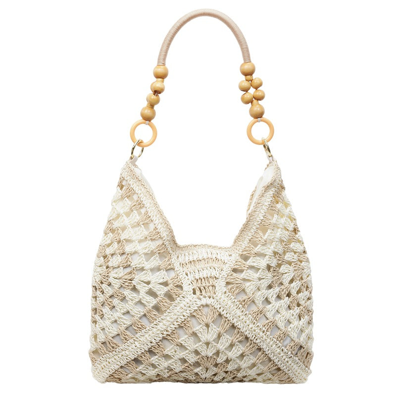 Boho Chic Handwoven Tote Bag with Wooden Bead Handle - Large Capacity Beach & Everyday Style