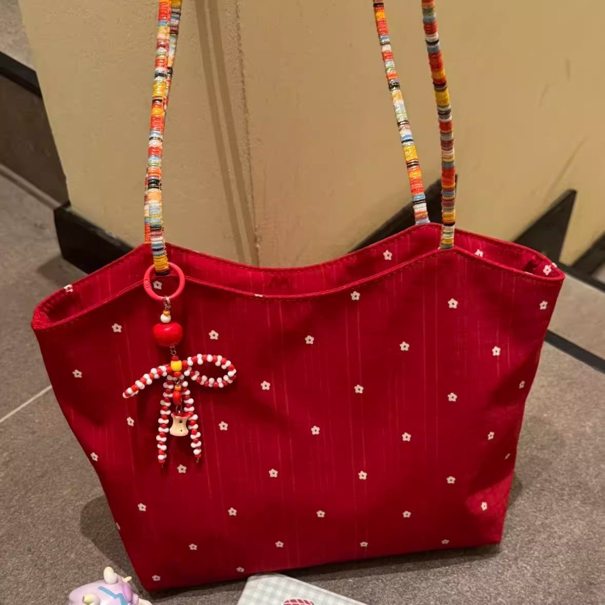 Korean Style Floral Canvas Tote Bag with Colorful Beaded Strap and Sweet Bow Charm for Daily Use