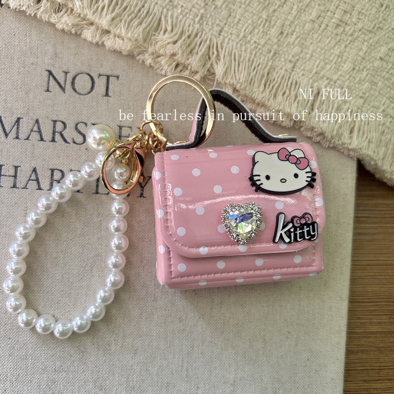 Korean Style New Retro Dots Cartoon Cat Lipstick Pack Pearl Exquisite High Sense Versatile Pendant Keychain for Women