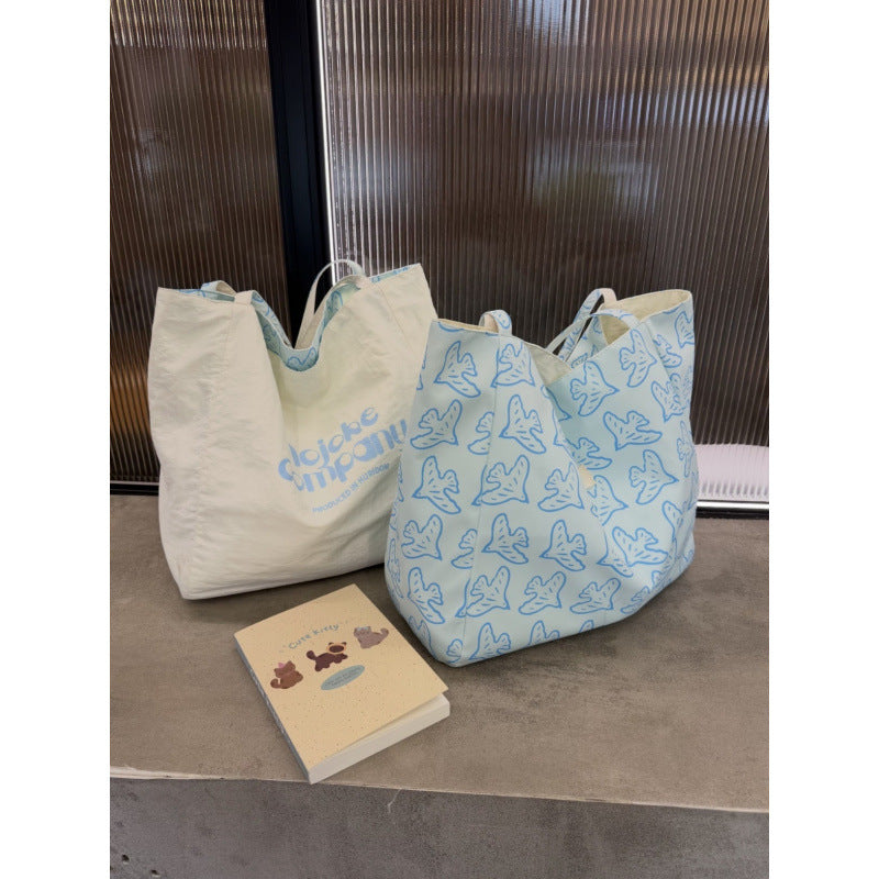 2026 New Spring Fresh Style Large Capacity Tote Bag with Bird Print, Dual-Sided Reversible Design for Casual Travel and Daily Use