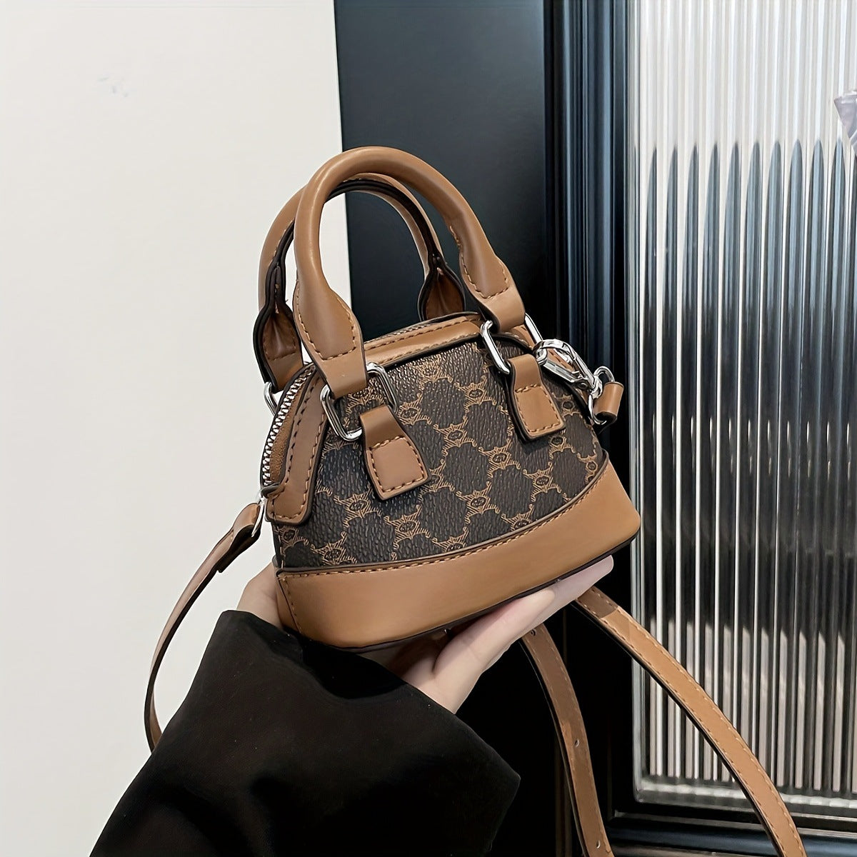Korean Style Vintage Mini Shell Bag with Letter Pattern and Stitching Details, Casual Crossbody Handbag for Women