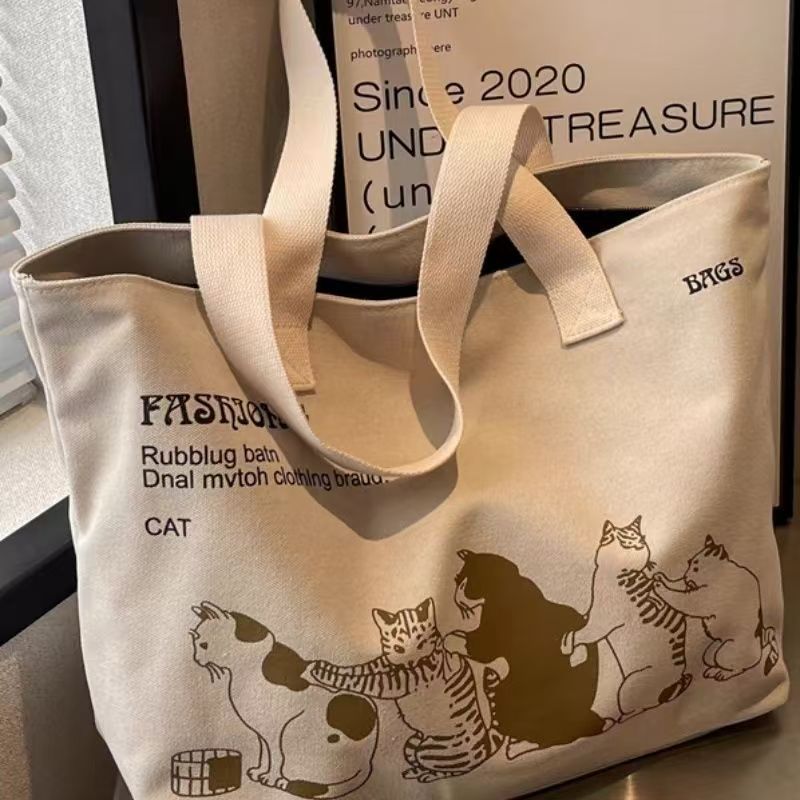 Fashionable Canvas Tote Bag with Cute Cat Print, Large Capacity Shoulder Bag for Daily Use and Travel