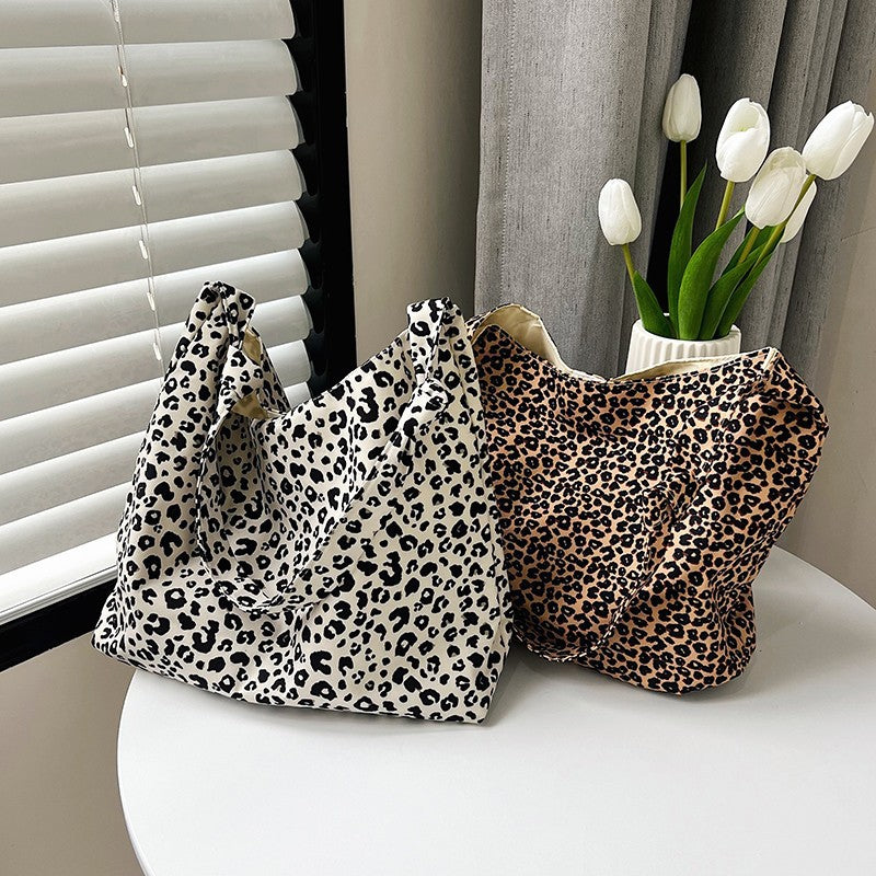 Leopard Print Canvas Tote Bag Women's Casual Shoulder Crossbody Bag Large Capacity Soft Style Fashion Trendy
