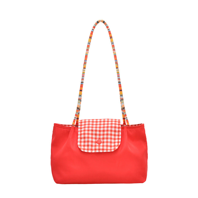 2025 New Large Capacity Canvas Tote Bag with Checkered Flap and Beaded Strap, Street Style Everyday Shoulder Bag for Women