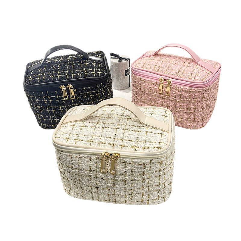 Chic Tweed Cosmetic Bag with Zipper Closure - Large Capacity Portable Makeup Organizer for Travel and Daily Use