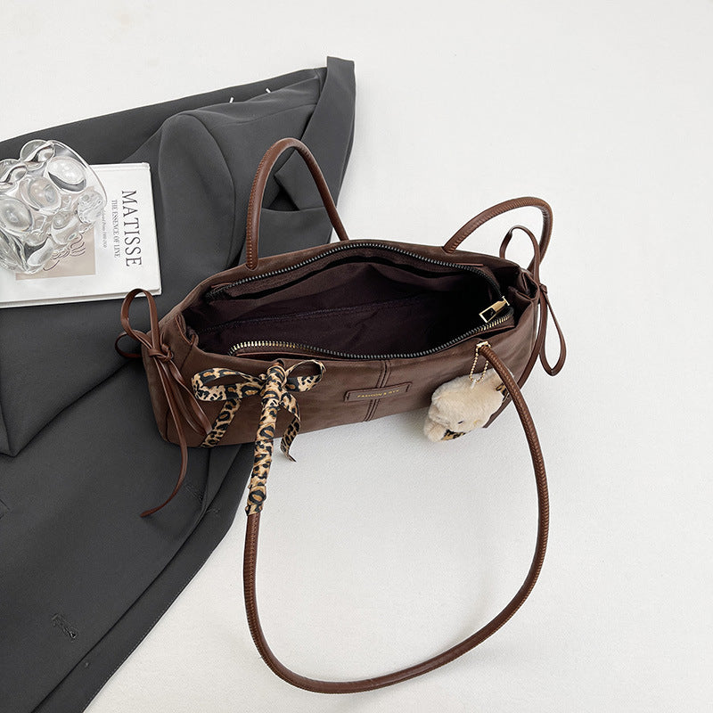 Vintage Leopard Print Shoulder Bag for Women 2025 New Fashion Large Capacity Crossbody Bag with Hello Kitty Embroidery