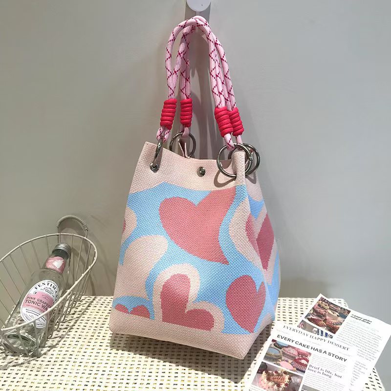 Black and White Rhombus Knitted Tote Bag Women's Casual Versatile Large Capacity Messenger Bag Handbag