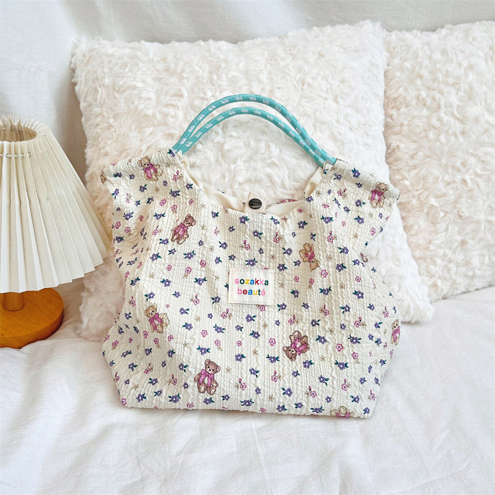 Korean Cartoon Embossed Canvas Bag Women's Large Capacity Canvas Bag Portable Beach Vacation Handbag