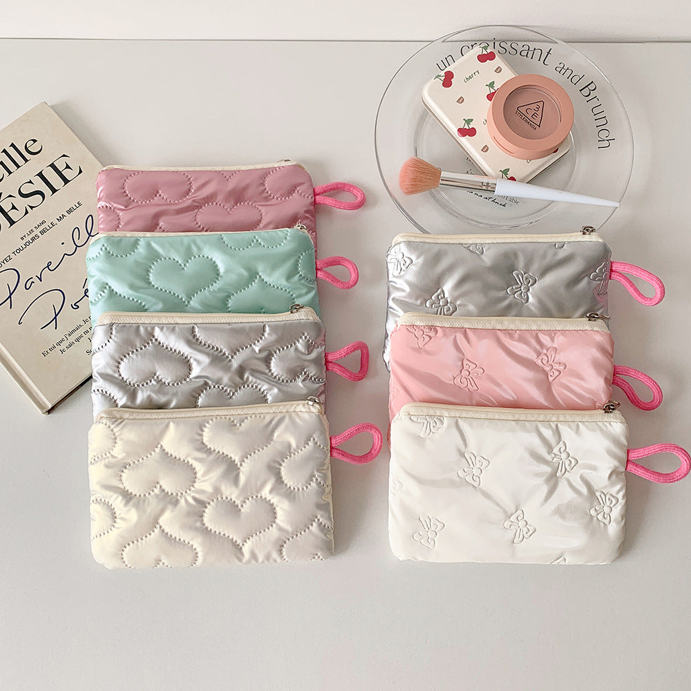 Cute Bowknot Embroidered Glossy Cosmetic Bag Zipper Design with Rope Handle Portable Storage Everyday Good Things