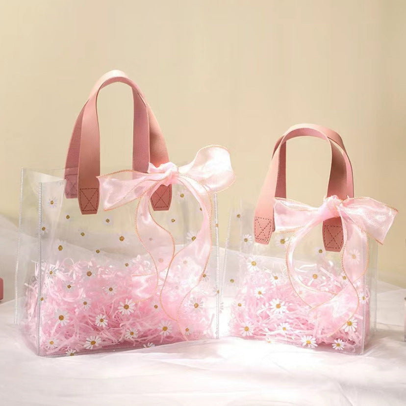 Chic Daisy Pattern Transparent PVC Gift Bag with Pink Ribbon Bow for Wedding Favors and Party Gifts
