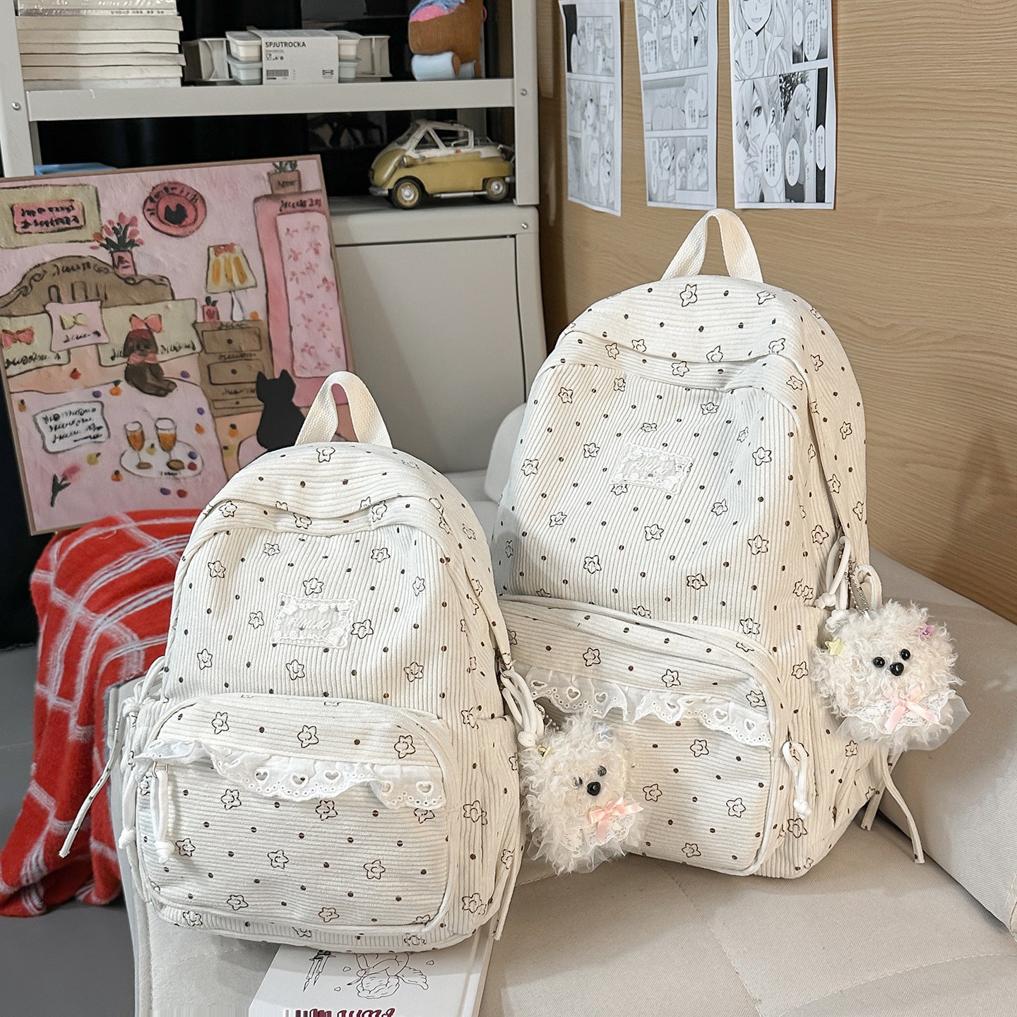 Artistic Fresh Student Backpack Soft Corduroy Material Lace Large Capacity Breathable Design