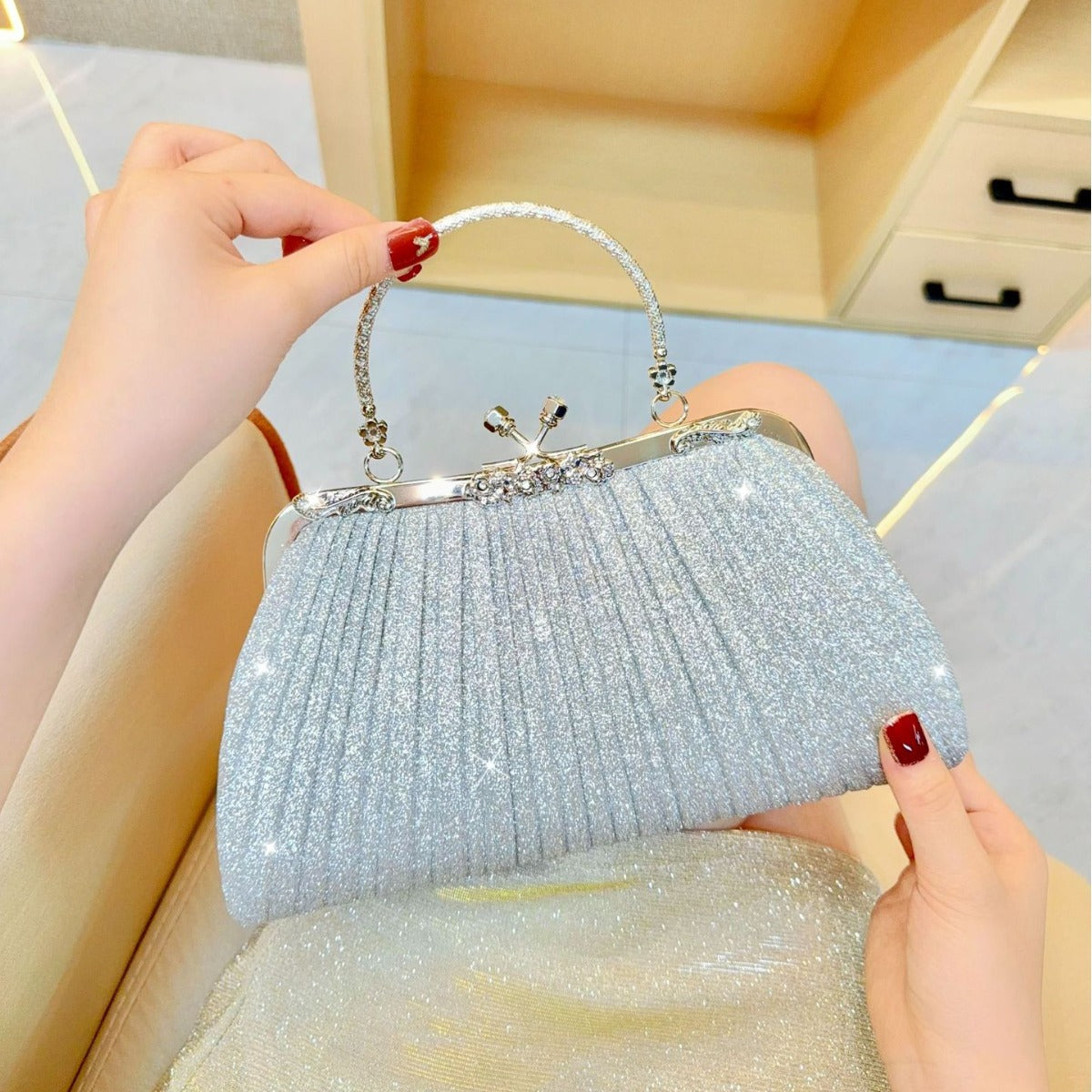 Elegant Pleated Clutch Bag with Rhinestone Closure and Gold Handle for Evening Events