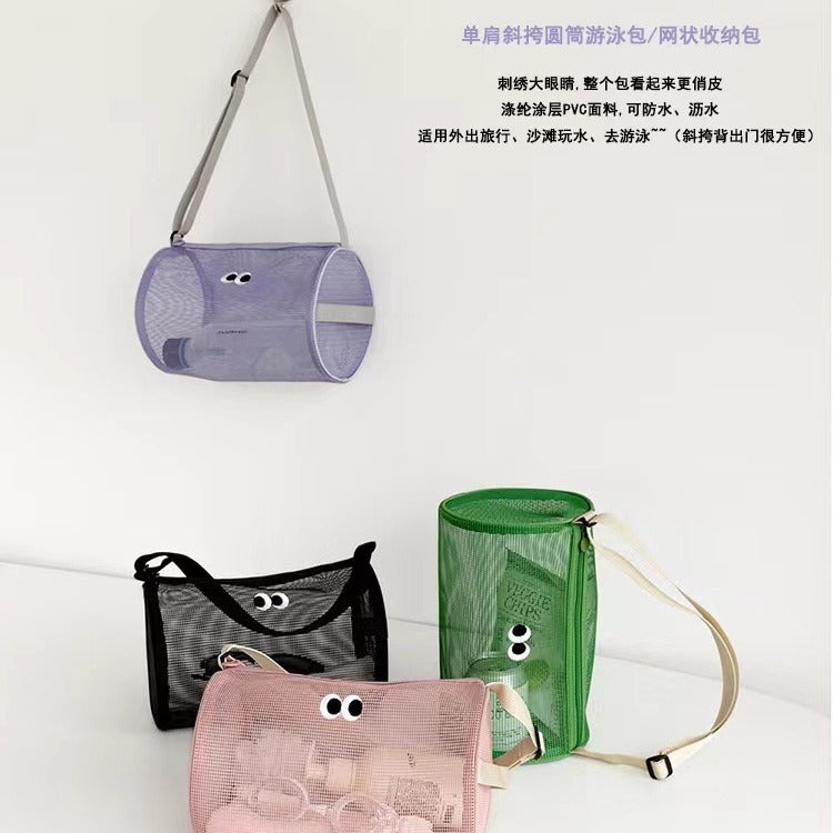 Cute Mesh Crossbody Bag for Swimming and Travel with Big Eyes Design, Large Capacity Storage for Toiletries and Cosmetics