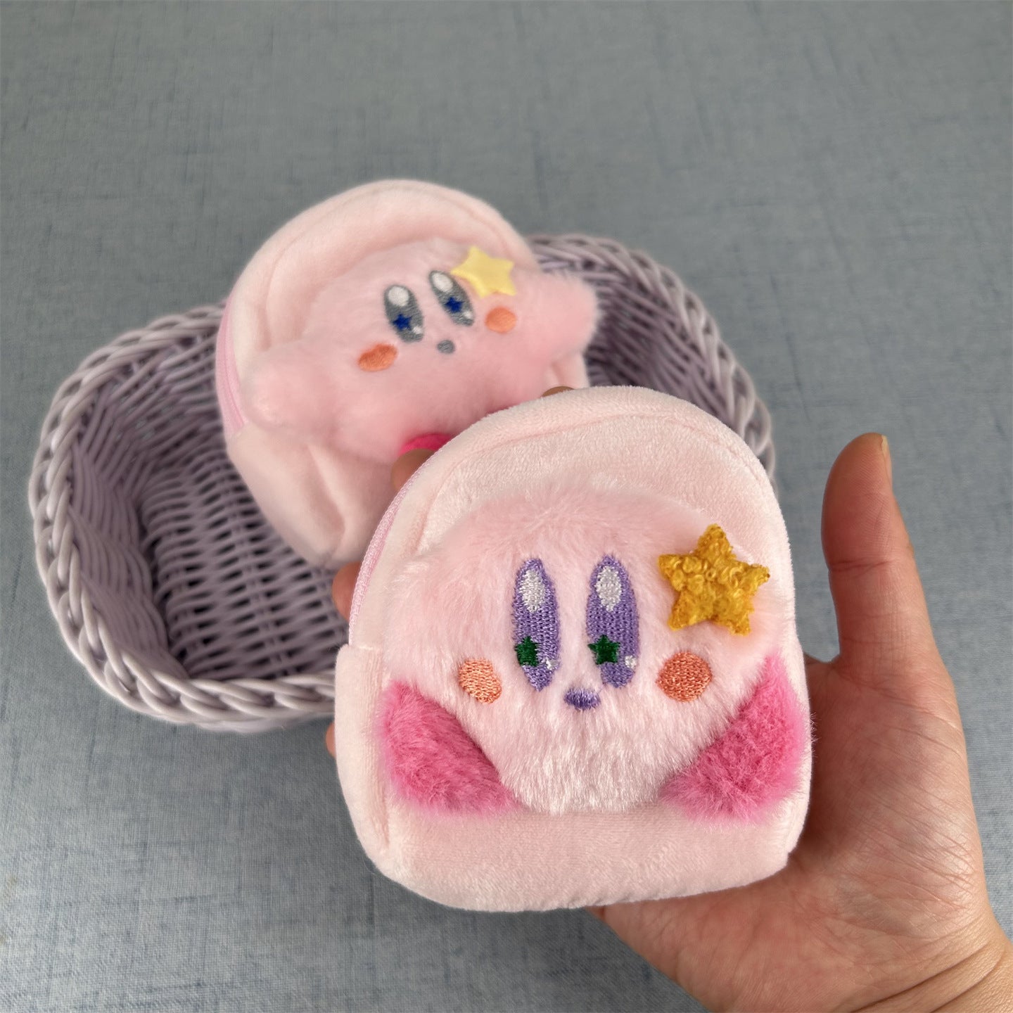Cute Plush Kirby Character Zipper Pouch with Keychain - Adorable Cartoon Design for Daily Use