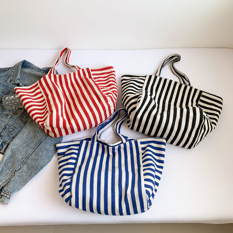 Korean Style Striped Canvas Tote Bag 2025 Summer Large Capacity Student Shopping Bag Simple Urban Design