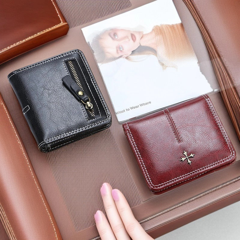 Women's Wallet Korean-Style Short Multiple Card Slots Oil Wax Leather Card Holder Fashion All-Match Zipper Coin Purse
