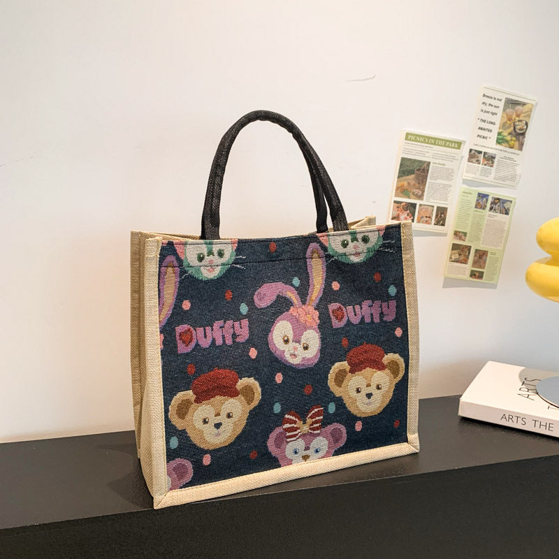 Cute Printed Cotton and Linen Women's Handbag with Duffy Character Pattern Large Capacity Buggy Bag