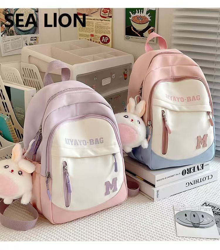 Cute Kids Backpack with Plush Rabbit Charm for School Travel and Spring Outings - Waterproof Oxford Fabric Design