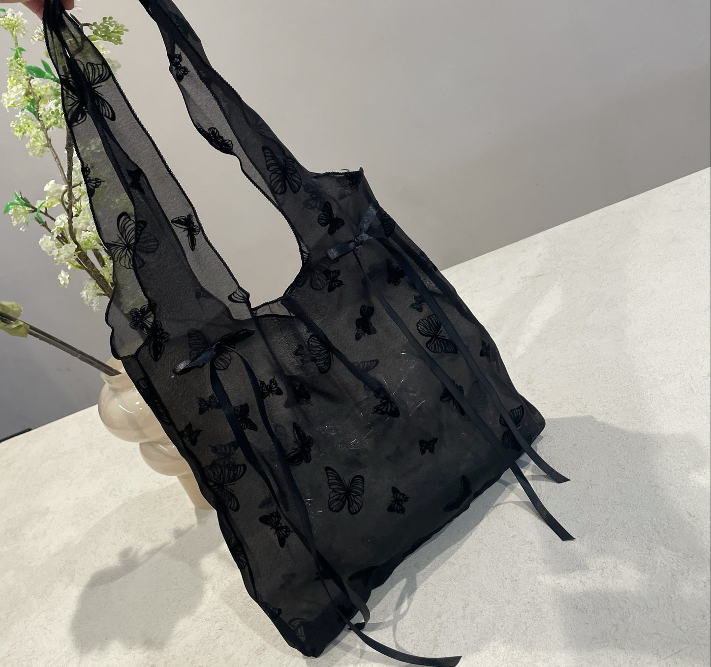 Korean Style Sheer Butterfly Embroidery Tote Bag with Bow Details for Beach Vacation and Daily Use