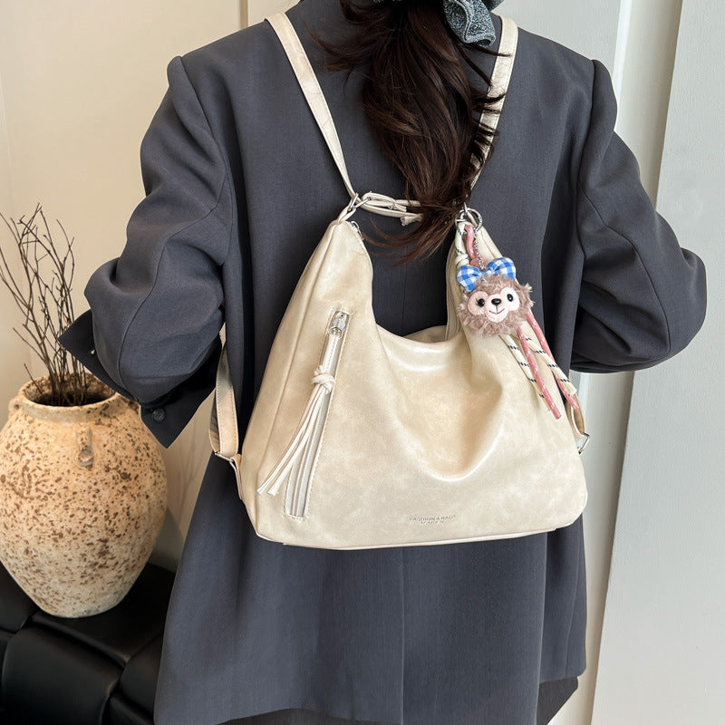 2025 New Korean Style Soft PU Tote Bag with Folded Design and Cute Charm, Perfect for Daily Commute and Casual Wear