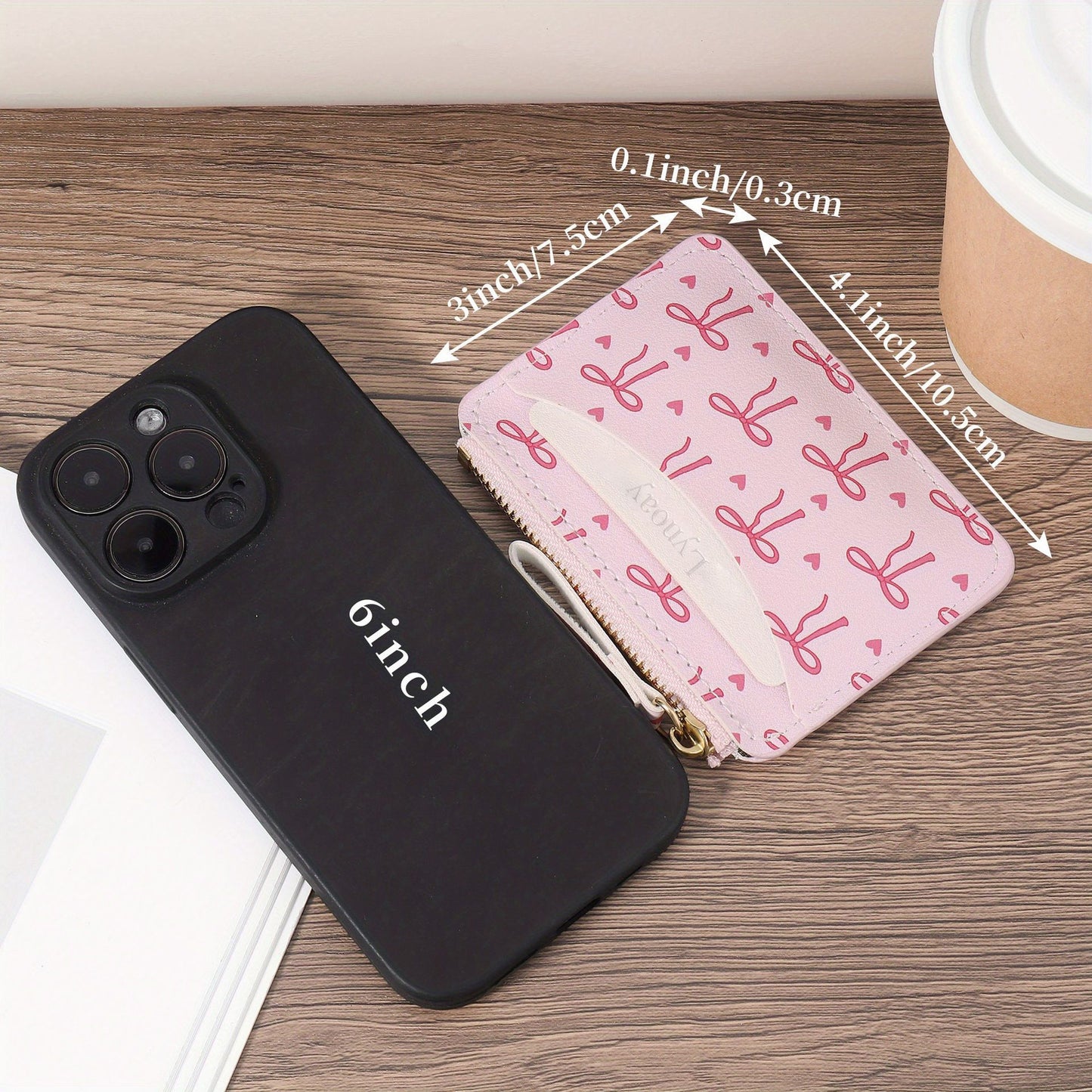 Women's Ultra-Thin Zipper Wallet Pink Heart Bow Card Holder Lightweight Daily Card Holder Zipper Closure
