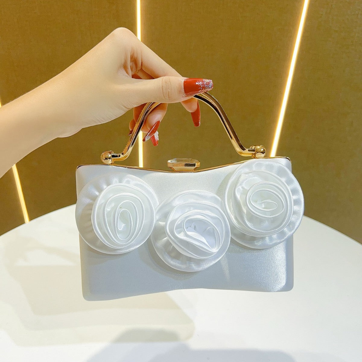 Elegant Floral Satin Clutch Bag with Gold Handle for Party and Evening Events