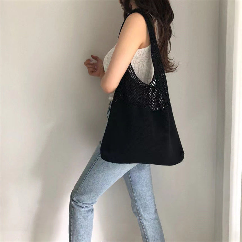 Tote Bag Women's New Korean Knitted Solid Color Shoulder Hollow Large-Capacity Crossbody Bag