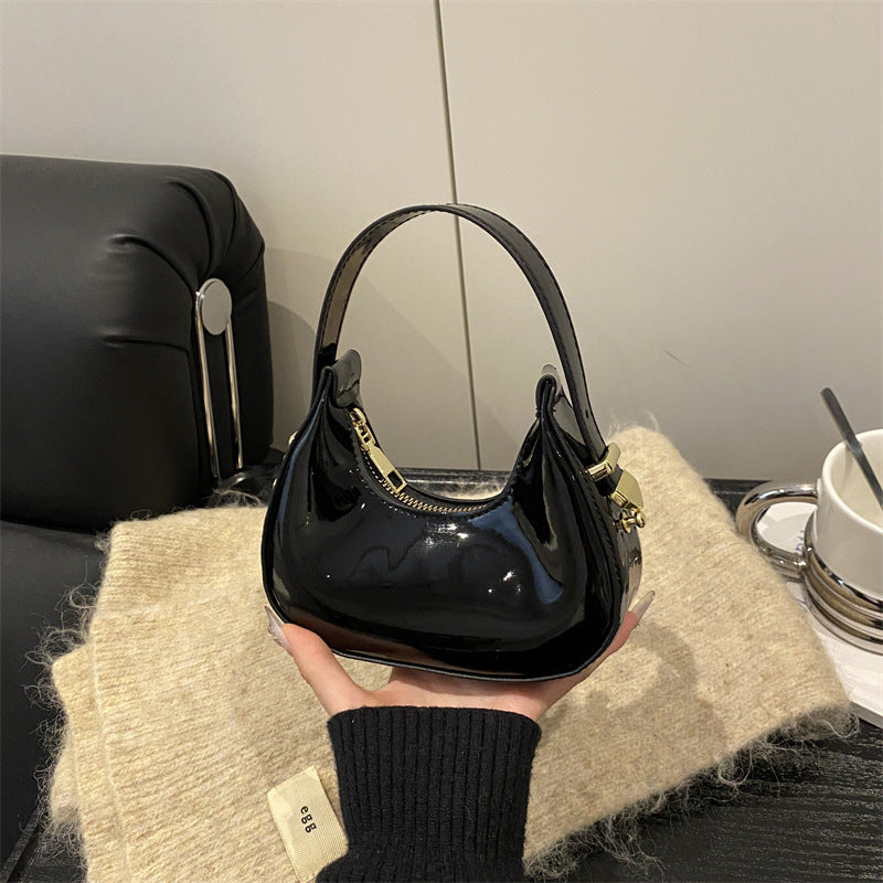 Elegant French-Style Moon Bag with Glossy PU Finish, Fashionable Handheld Design for Daily Chic