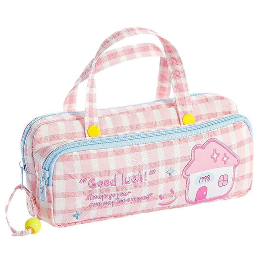 Cute Double-Layer Pattern Lucky Embroidery Pencil Case Large Capacity Portable Portable Ins Style Dopamine Good-looking Stationery